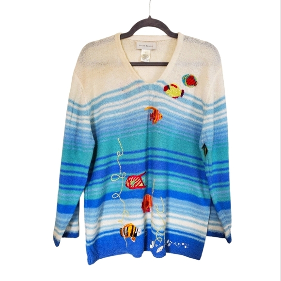 Susan Bristol Sweaters - Susan Bristol Fish Beaded Hand Embroidered Shells Colorful V-NeckSweater, Large